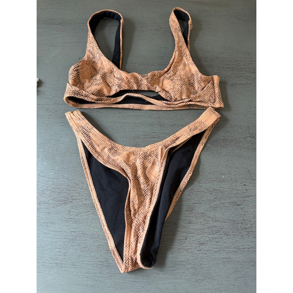 Damsel Womens Snakeskin Print Bikini Set Tan Black Cutout High Cut Small